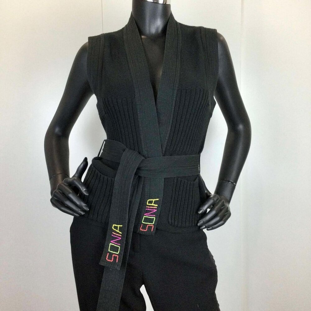 Vintage Sonia Rykiel Cotton Knit Vest – Black Sleeveless Belted – Size S